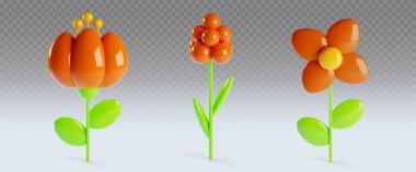 Şeffaf arkaplanda kırmızı kil çiçekleri var. Yeşil yapraklı, kırmızı yapraklı, parlak plastik çiçekli, yaz bahçesi ya da tarla bitkisinin gerçekçi bir temsili.