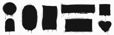 Graffiti sprey boya çerçeveleri siyah renkte, damlama efekti ve sıçrama noktalarıyla. Stencil şekiller - daireler, dikdörtgenler, kalp koyu mürekkeple dolu. Kaba desenli kentsel sanat sınır elementleri.