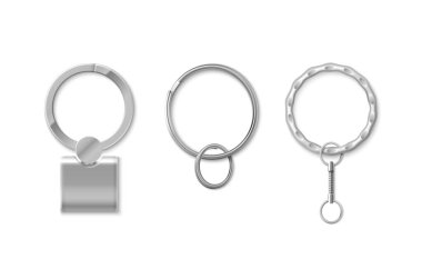 Anahtarlık zincirli metal aksesuarlar, çift daire tutucu, dekoratif zincir halkalı kolye, dikdörtgen plakalı desenli bant. Marka kimlik tasarımı için gümüş model koleksiyonu.