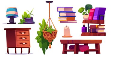 Masa lambası, ahşap çekmece sandığı, makrome ekicisi, raflarda istiflenmiş kitaplar dekoratif mum, saksı bitkisi ve masa ile boho oturma odası seti. Bohem tarzında ev dekoru.