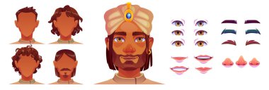 Adam, geleneksel Hint türbanlı, farklı saç stilleri, sakal şekilleri, gözleri, kaşları, burunları ve dudakları olan erkek karakter setine bakıyor. Çizgi film özel avatar oluşturucu elementleri.