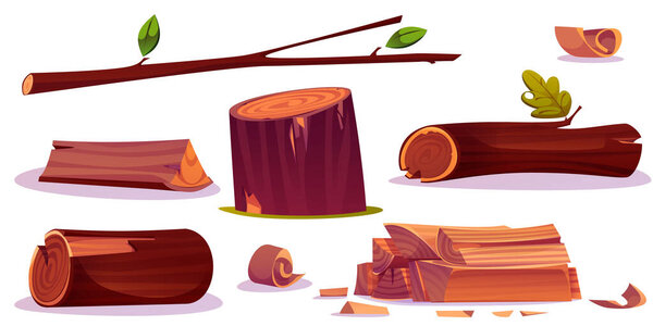 Wood logs and tree branches set with bark texture in brown colors. Cartoon cut trunks, round pieces, wooden planks, leafy twigs on white background for natural, camping or carpentry game assets.