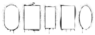 Siyah boya kalıpları beyaz arka planda izole edilmiş. Dikdörtgen, oval mürekkep kenarları, hava fırçası silueti, renksiz sokak sanat çerçeveleri ve renk damlaları.