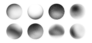 Tek renk yarım ton desenli taneli nokta küre koleksiyonu. Gradyan ağ dokusuna sahip dairesel şekiller. Noktaların yoğunluğu farklı olan benekli yüzey efektleri. Soyut geometrik elementler.
