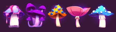 Parlak fantezi unsurları olan sihirli mantar seti. Damlayan neon kapaklar, kristal dikenler, parlak saplar. Oyun tasarım varlıkları için koyu arkaplan üzerine peri masalı aydınlatılmış mantar koleksiyonu.