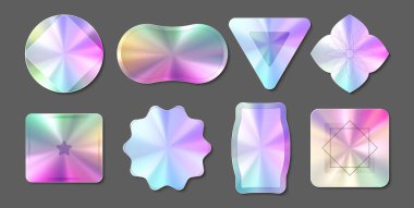 Yanardöner şekilli hologram çıkartmaları yerleştirildi. Gökkuşağı spektrumlu geometrik formlarda çok renkli premium etiketler. Ürün doğrulaması için güvenlik mühürleri koleksiyonu. Gerçekçi sanal amblem
