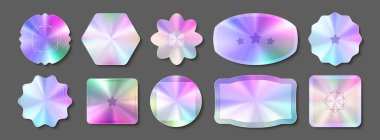 Yanardöner şekilli hologram çıkartmaları yerleştirildi. Gökkuşağı spektrumlu geometrik formlarda çok renkli premium etiketler. Ürün doğrulaması için güvenlik mühürleri koleksiyonu. Gerçekçi sanal amblem