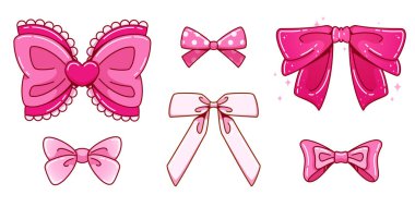 Coquette kurdele yayları beyaz arkaplanda izole edildi. Y2k klasik saç aksesuarının vektör karikatür çizimi, romantik hediye kutusu için pembe dekorasyon, retro düğün veya doğum günü kartı tasarımı ögesi