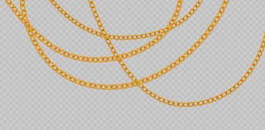 Kıvrımlı ve parlak yüzeyi olan altın kesişen metalik zincirler. Kolye tasarımlarının, dekoratif sınırların ya da özel aksesuarların lüks mücevher desenleri için 3d bağlantıları.