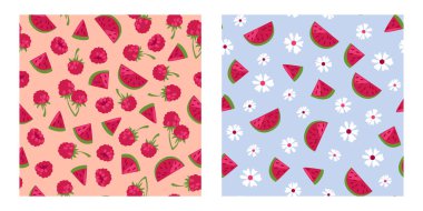 Sulu karpuz dilimleri ve olgun ahudududuları mavi arka planda beyaz yabani çiçeklerin arasına serpiştirilmiş. Tekstil, mutfak aksesuarları ve ambalaj için taze meyve tasarımları.