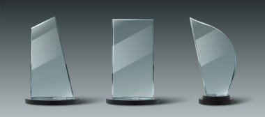 Şeffaf ödülleri olan cam kupa koleksiyonu, siyah baz stantları, minimalist geometrik şekiller. Kurumsal başarılar, yarışmalar, seremoniler için gerçekçi 3D kristal akrilik ödüller.