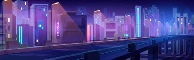 Neon renkli karayolu köprüsünün karikatür gecesi manzarası. Parlayan camları, ışıklı tabelaları, sokak lambaları ve elektrik hatları olan modern binalarla çevrili boş bir yol. Mor mavi şehir manzarası.