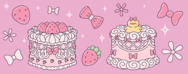 Süslü kekleri, yüzen yayları, çilekleri, pembe arka planda çiçekleri olan Kawaii tatlı çizimi. Tatlı pasta tasarımı, kafes desenleri, krema girdapları, sarı ördek yavrusu süslemeleri, ışıltılar.