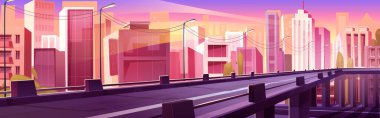 Modern binalar ve üstgeçit yollarıyla akşam manzarası. Gün batımında gökdelenler ve ofis gökdelenleri ile şehir manzarasının vektör karikatürü, ulaşım altyapısı