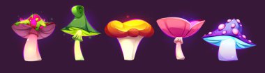 Fantezi sihirli neon mantar koleksiyonu - benekli pembe mantar, kıvrımlı yeşil mantar, parlak turuncu mantar, pembe nokta çeşitliliği. Büyülü oyun tasarımı için mistik orman unsurları.