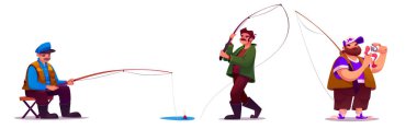 Balıkçı karikatür setinde elinde olta olan farklı adamlar. Suyun içinde yüzen bir sırıkla yaşlı bir adam, bıyıklı bir sporcu fırıldak fırlatıyor, sakallı bir erkek karakter oltaya yem atıyor..