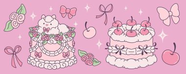 Kawaii tarzı pastalar pembe arka planda izole edilmiş yay dekorasyonlu. Krem şantili koyun, kiraz, çiçek ve romantik hediyeli tatlı tatlının çağdaş vektör çizimi