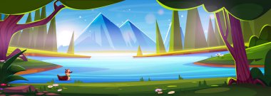 Mavi gölde yüzen şirin ördekli çizgi film ormanı manzarası yeşil ağaçların arasında, çimenler ve çiçekler kıyılarda, parlak güneşin altında açık gökyüzünde uzak dağlar. Nehir ve tepelerle yaz manzarası.