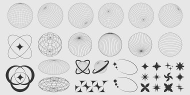 Vektör küre şekilleri ve 90 'ların stil retro grafik elementlerinin toplanması - yıldızlar ve daireler, gezegenler ve küreler. Gelecekteki y2k tasarımları veya soyut geometrik arkaplan ve kalıplar için varlıklar.