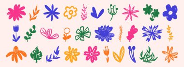 El çizimi çiçekler, parlak pembe, turuncu, mavi ve yeşil renklerde yapraklar ve çiçeklerle botanik karalama seti. Desen tasarımı, yaz dekorasyonu veya yaratıcı kırtasiye için basit çiçek ögeleri.