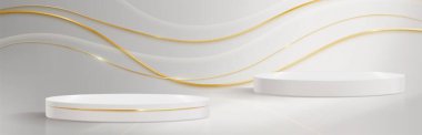 Beyaz arka planda altın çizgili podyum. Kıvrımlı altın iplerle ve yuvarlak kaidelerle en az soyut sahne. Ürün gösterisi, sunumu veya ödül töreni için gerçekçi lüks platform veya sahne.