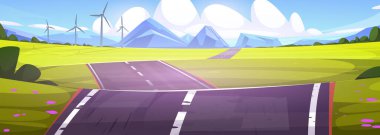 Yeşil tarlalardan dağlara doğru giden yol, rüzgar türbinleri ve yol boyunca pembe çiçeklerle dolu. Manzaralı otoyol, zirvelerin önündeki mesafeye kadar uzanıyor. Seyahat tasarımı için kırsal manzara çizimi.