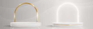 Beyaz arka planda yuvarlak podyum ve kemer. Ürün sunumu için boş silindir platformunun vektör gerçekçi çizimi, sarı ve neon renkli çizgi dekorasyonu, zarif lüks vitrin.