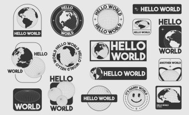 İçinde Hello World yazıları olan 2k dünya etiketleri. Dairesel, dikdörtgen ve kare şeklinde. Izgara yüzeyinde tek renkli Dünya çizimleri. Geçmişe dönük geleceksel tasarım için minimalist tasarım.