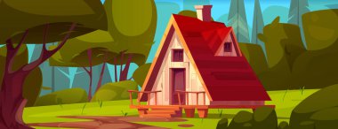 Yaz ormanındaki ahşap ahşap ev. Dağ evi, kamp kulübesi, verandalı kır evi, çatıdaki pencere ve baca, yeşil ağaçlar ve çimenlerin vektör çizimi, doğa eğlencesi.