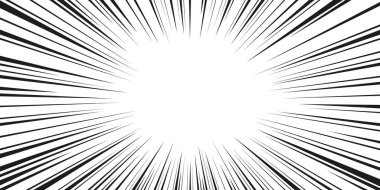 Beyaz zemin üzerinde merkezi uzaydan yayılan komik hız çizgileri. Siyah dinamik düz vuruşlar manga etkisi için dışa doğru uzanır. Hareket vurgusu ya da patlama anı için klasik eylem patlamasıName