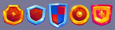 Canlı tasarımları olan ortaçağ çizgi film kalkanı koleksiyonu. Kraliyet sembollü altın ve metal çerçeve amblemleri. Fantezi oyun arayüzü ya da şövalye turnuvası görselleri için renkli savunma ekipmanları ayarlandı.