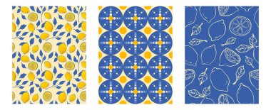 Amalfi deseni, Akdeniz limon motifleri ile sarı ve mavi olarak ayarlandı. Yapraklı meyve tasarımı, noktalı geometrik daireler ve narenciye çizimleri. Tekstil için zarif baskılar.