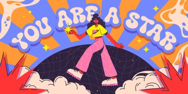 Geçmişe dönük estetiği olan harika bir uzay posteri. Canlı kıyafetli stilize bir karakter kozmik yüzeyde parlayan bir yıldız tutarak yürüyor. Dinamik enerjik kompozisyonda kalın tipografi ve psikedelik renkler.