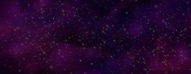 Mor nebula ve yoğun yıldız alanına sahip dış uzay arkaplanı. Kozmik alanda beyaz parıltı desenleri. Astronomi sunumu ya da büyülü gece gökyüzü çizimi için derin evrenin yıldızımsı dokusu