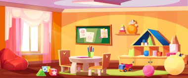 Sarı duvarları ve ahşap zemini olan anaokulu odası. İçinde çeşitli oyuncaklar, çocuk mobilyaları, eğitim unsurları ve oyun alanları var. Anaokulu aktiviteleri için çizgi film konforlu öğrenme alanı.