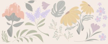 Tropikal karalama elementleri - yapraklar ve çiçekler pastel renklerde. Tuhaf çiçek desenli çizimler, yeşillik dalları ve dallar. El yapımı bitkiler ve bitki çizimi tasarımı.