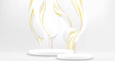Beyaz yuvarlak basamaklar üzerinde altın dalgalı çizgiler. Kıvrımlı altın çizgiler, pürüzsüz dalga şekli, temiz minimum soyut arkaplan. Ürün sunumu veya ödül tasarımı için 3d illüstrasyon.