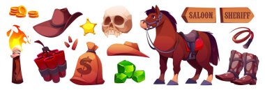 Vahşi batı unsurları seti - kovboy şapkası ve şerif yıldızı, eyerli kafatası ve at, ahşap tabelalar ve yanan meşale, dinamit çubukları, para çantası, deri botlar ve kementle ip. Çizgi film batı sembolleri.