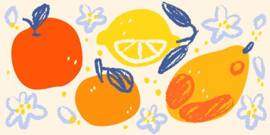 Beyaz arka planda risograph meyve ve çiçekler. Elle çizilmiş pastel elma, portakal, limon yapraklı mango ve çiçekli mango, dikişsiz retro çiçek deseni, klasik botanik tasarımı.