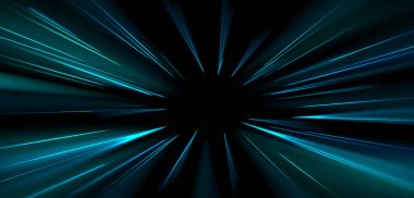 Hız çizgileri merkezden fışkırıyor, parlayan neon mavisi çizgiler dinamik hareket ivme etkisiyle uzaklaşıyor. Gelecekçi warp tüneli soyut perspektif arka planı. Bilim kurgu ışığı hareketi illüzyonu.