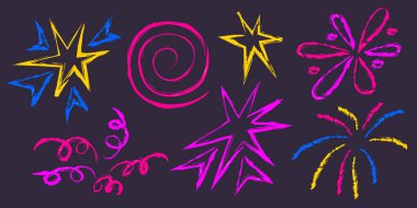 Neon havai fişek pastel karalamaları - canlı pembe spiral, sarı dikenli yıldız patlaması, kıvrımlı şekiller. Enerjik el çizimi kutlama tasarımı elementleri - parlayan yıldızlar, tatil maytapları, şenlikli dekoratif set.