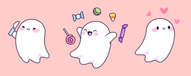 Pastel renkleri ve basit şekilleri olan sevimli kawaii hayalet karakterler. Çeşitli duyguları olan etkileyici yüzler. Mutlu, heyecanlı, aşık. Cadılar Bayramı tasarım elementlerinin sevimli, ürkütücü çizgi film çizimi.