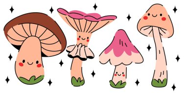 Beyaz arka planda izole edilmiş şirin kawaii mantarları. Gülen yüzlü, şapkalı ve bacaklı komik mantar bitkilerinin vektör çizimi, sihirli orman florası, komik sonbahar maskotları, karalama sanatı