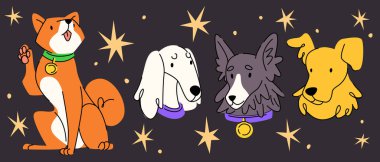 Retro doodle köpek çizimleri - koyu yıldızlı arka planda renkli tasmalarla eğlenceli çizgi filmler. Sevimli, klasik tarzda el yapımı evcil hayvan karakterleri. Evcil hayvan dükkanı, veteriner kliniği....