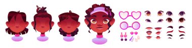 Afrikalı kız yüz yapıcı set - karakter yaratmak için karikatür kadın avatar elementleri. Göz ve kaş, ağız ve saç, gözlük ve şirin aksesuarlar. Vektör illüstrasyon özel çocuk kafa kiti.