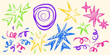 Havai fişek karalaması arka planda izole edilmiş. El çizimi renkli yıldızların vektör karikatür çizimi, spiral ve daire çizgileri, oklar, girdaplar, duvarlara çocuk karalamaları, doğum günü partisi afişi tasarımı