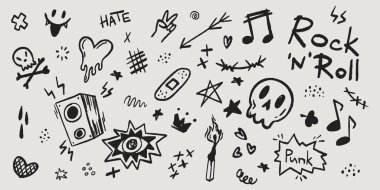 Punk rock müzik karalaması, hoparlörler ve kalpler, alevler ve yıldızlar, yıldırımlar ve gözler, taç ve müzik notalarıyla uyumlu. Eskimiş konser posterleri için tuhaf resimler çizdim..