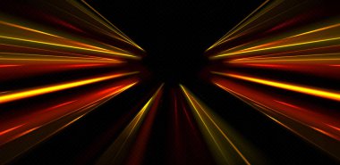 Siyah bg üzerinde hız perspektifi yarıçapı çizgileri - merkez noktadan parlak turuncu parıltı çizgileri. Enerji ışınlarıyla dinamik hareket izleri. Hiper uzay sıçrama görselleştirmesi yarış ışık yolları ile.