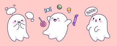 Cadılar Bayramı Kawai hayaletleri pembe arka planda izole edilmiş. Tatlı, ürkünç, beyaz maskotların konuşma baloncuklarıyla gülümseyen, tatlılardan hoşlanan, 