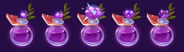 Parlayan mor sıvılı sihirli iksir şişeleri, yeşil yapraklar dalı. İksir ya da parfüm için cam mataralar, duman bulutu animasyon çerçeveli sprite kağıtlar. Fantezi Rpg oyunu veya gui ögesi.